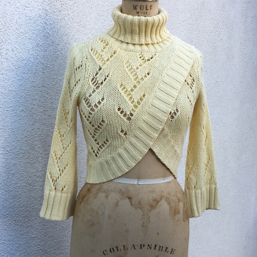 bebe Pale Yellow Cropped Cowl Neck Sweater